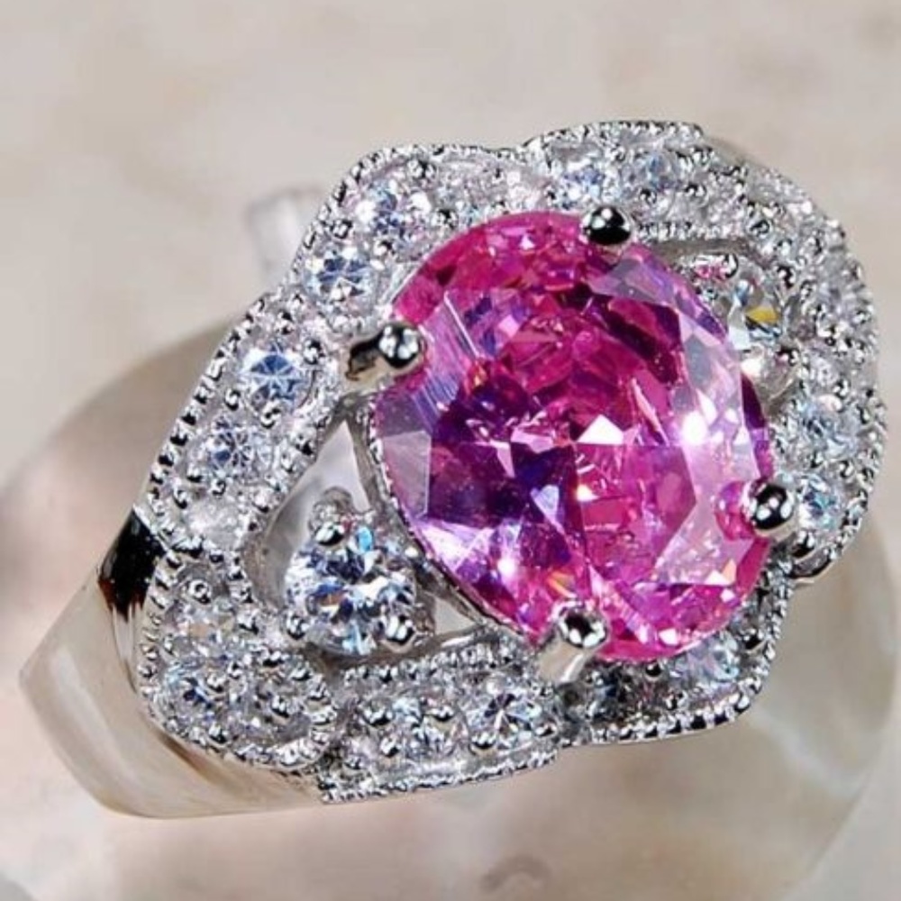 4CT Pink Sapphire & Topaz 925 Silver Ring Size 7